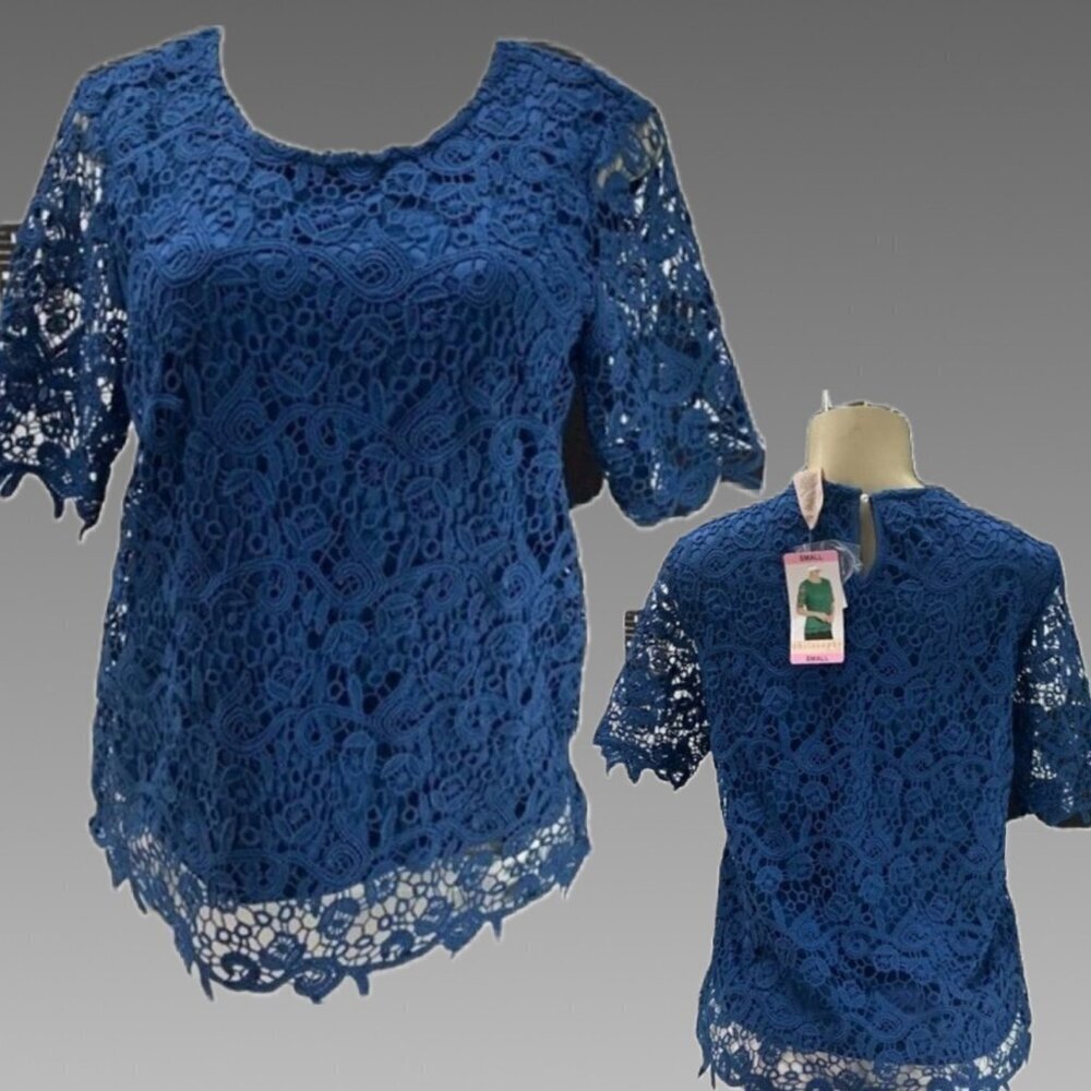 Philosophy S Blue Lace Crew Neckline Scallop Trim Lined Sheer Half Sleeve Blouse - Picture 1 of 6